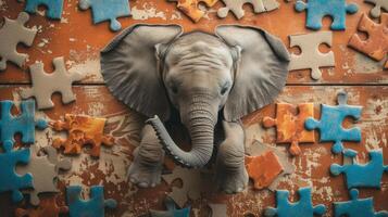 AI generated Cute elephant engrossed in a jigsaw puzzle, adding a whimsical touch, Ai Generated. photo