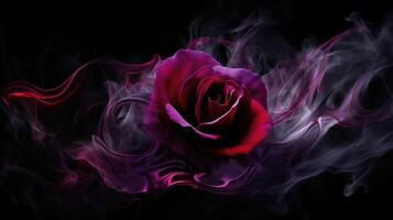 AI generated A purple rose wrapped in red smoke swirl, creating a captivating scene on a black background. Ai Generated. photo