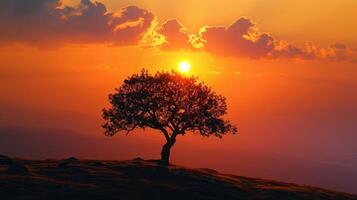 AI generated A single tree stands as a silhouette against the captivating hues of a serene sunset. Ai Generated. photo