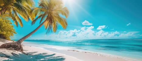 AI generated Paradise beach with palm trees, calm ocean, sunshine, and a blue sky in a panoramic banner. Ai Generated. photo