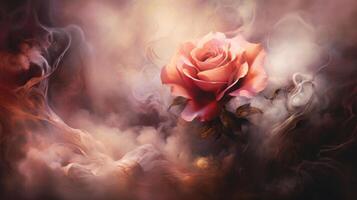 AI generated An artistic rendering captures a rose wrapped in swirling smoke, creating a mystic and visually captivating scene. Ai Generated. photo