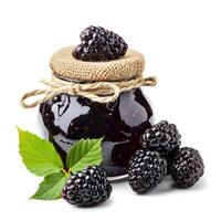 AI generated A jar of homemade mulberry jam with fresh mulberries, isolated on a white background. Ai Generated. photo