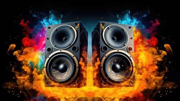 AI generated Epic speakers engulfed in flames and smoke amidst music symbols on vibrant background. Ai Generated. photo