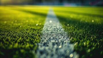 ai generado de cerca ver exhibiendo el preciso líneas y marcas de un fútbol campo, ai generado. foto