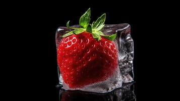 AI generated Strawberry frozen in an ice cube, glistening against a sleek black background, Ai Generated. photo
