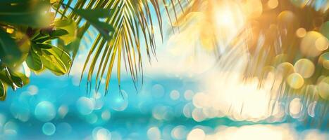 AI generated Serene sea backdrop with sunlit bokeh, palm leaves create a dreamy coastal allure, Ai Generated. photo