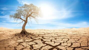 ai generado un solitario escena se despliega - seco agrietado tierra, un muerto árbol ecos global calentamiento, ai generado. foto