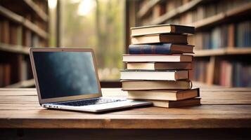 AI generated A stack of books accompanied by a laptop on a rustic wooden table. Ai Generated photo