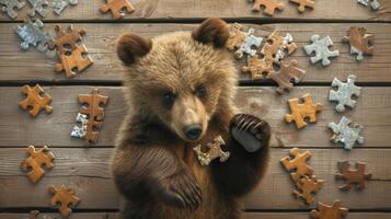 AI generated Cute bear engrossed in a jigsaw puzzle, adding a whimsical touch, Ai Generated. photo