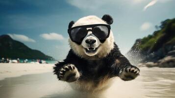 ai generado experiencia el intensidad de un panda saltando sobre el playa en un maravilloso de cerca foto, ai generado. foto