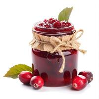 AI generated Tangy cranberry jam marmalade jelly preserves in a glass jar, accompanied by fresh cranberries, presented on a clean white backdrop, Ai Generated. photo
