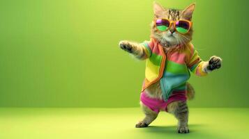 ai generado juguetón gato en vibrante atuendo y Gafas de sol bailes en un verde antecedentes. ai generado foto