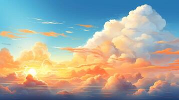 AI generated A blue sky clouds background features a beautiful landscape with orange sun, creating a mesmerizing scene. Ai Generated. photo