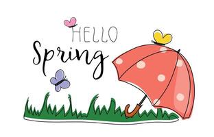 linda primavera ilustración con césped, paraguas y mariposas primavera brillante bandera, póster, fondo, oferta. Hola primavera vistoso bandera aislado en blanco antecedentes vector