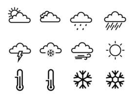 icon set weather, cloudy, drizzle, rain, snow, bright sun, outline design, black and white, and 3d. eps 10. vector