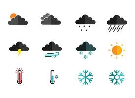 icono conjunto clima, nublado, llovizna, lluvia, nieve, brillante sol, contorno diseño, negro y blanco, y 3d. eps 10 vector