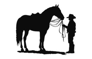 A Little Cowboy with horse black silhouette vector isolated on a white background