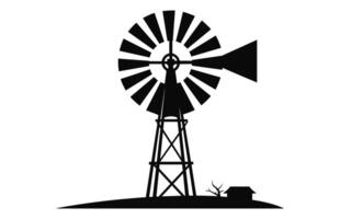 Old Farm Windmill black Silhouette Vector isolated on a white background