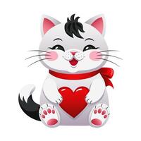 Cute kitten with a red ribbon and a heart in its paws. Cartoon character for valentines day, wedding, birthday. Vector illustration.