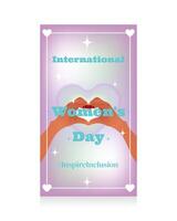 Stories in y2k style for International Womens Day. Two hands showing a heart symbol on a y2k gradient blurred background in 2000 aesthetic style. Pastel colors. Vector illustration.