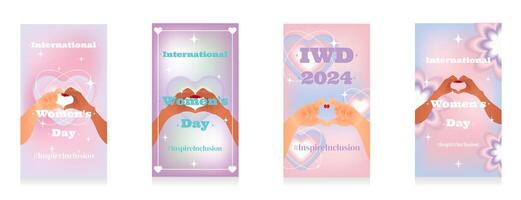 A set of story templates for International Womens Day. Two hands making a heart shape on a gradient blurred y2k background in the style of the 2000 aesthetic. Pastel colors. Vector illustration.