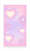 Vertical gradient background in soft pastel colors. Pink and purple story background with a y2k style heart and flowers aesthetic. Social networking concept. Vector illustration.