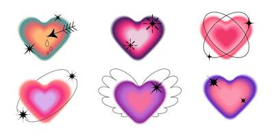 Blurred gradient y2k hearts with brutalist effect of linear orbit, stars, wings. Aesthetic aura heart symbols. Retro groovy symbols of the 80-90s. Social media or logo. Vector illustration.