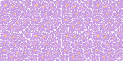 Horizontal seamless floral groovy background. Retro hippie pattern with daisies in the naive style of the 60-70s. Purple, yellow color. Vector illustration.