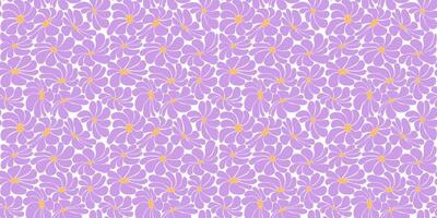 Horizontal seamless floral groovy background. Retro hippie pattern with daisies in the naive style of the 60-70s. Purple, yellow color. Vector illustration.