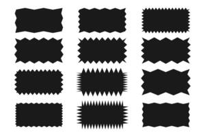 Serrated rectangle with zig zag edge. A set of uneven zigzag rectangular shapes. Black color. Isolated elements for design of text box, button, badge, banner, tag, sticker, badge. Vector illustration.