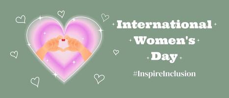 Greeting banner in y2k aesthetics for International Womens Day. Background with the slogan InspireInclusion, where two hands make a heart shape. IWD 2024 campaign. Vector illustration.