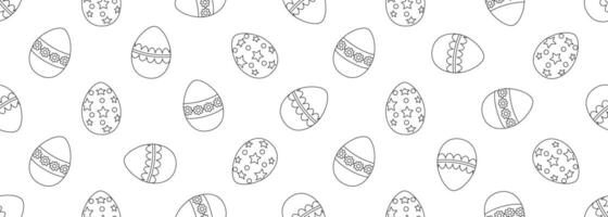 Seamless horizontal Easter background with outlines of Easter eggs. Black and white. Template for coloring, fabric, wallpaper, wrapping paper. Vector illustration.