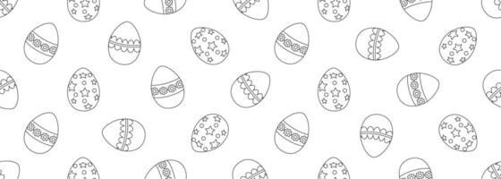 Seamless horizontal Easter background with outlines of Easter eggs. Black and white. Template for coloring, fabric, wallpaper, wrapping paper. Vector illustration.