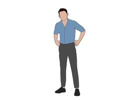 vector de un cara plana hombre vistiendo un ligero azul camiseta con un gris negro pantalones. de los hombres Moda temática ilustración vector concepto.
