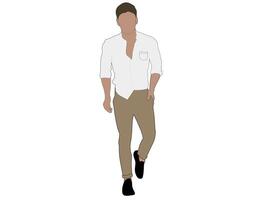 vector de un cara plana hombre vistiendo un blanco con cuello camiseta con un ligero marrón pantalones. de los hombres Moda temática ilustración vector concepto.