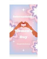 y2k stories background for International Womens Day. Gradient blurred y2k 2000 social media stories template with heart shaped hand gesture. Glamorous aesthetics of the 90s-2000s. Pastel shades. vector