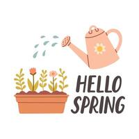 Hello spring quotes. Floral springtime hand drawn prints design. Positive phrases for stickers, postcards or posters. Vector illustration