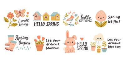 Hello spring quotes set. Floral springtime hand drawn prints design. Positive phrases for stickers, postcards or posters. Vector illustration