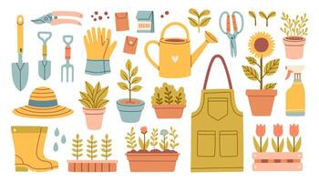 jardinería herramientas y flores vector conjunto en plano dibujos animados estilo. caucho botas, planta de semillero, tulipanes, jardinería lata y cortador, guantes. vector ilustración