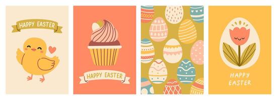 Cute Easter cards set. Spring and Easter collection of cute animals, flowers and decorations. Perfect for poster, card, scrapbooking , tag, invitation, sticker kit. Hand drawn vector illustration.