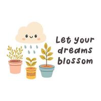 Hola primavera citas. floral primavera mano dibujado huellas dactilares diseño. positivo frases para pegatinas, postales o carteles vector ilustración