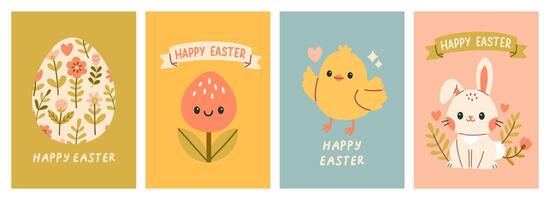 Cute Easter cards set. Spring and Easter collection of cute animals, flowers and decorations. Perfect for poster, card, scrapbooking , tag, invitation, sticker kit. Hand drawn vector illustration.