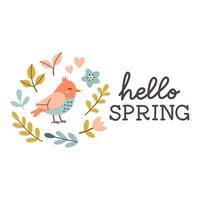 Hello spring quotes. Floral springtime hand drawn prints design. Positive phrases for stickers, postcards or posters. Vector illustration