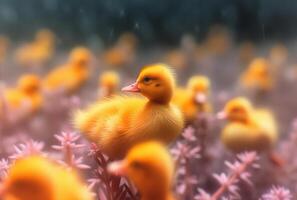 AI generated Yellow ducklings swim in the water photo