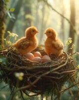 AI generated Two little chickens and egg in the nest in the morning. Chickens in a nest of chicken eggs photo