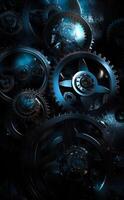 AI generated Steampunk background from mechanical clocks details over the black photo
