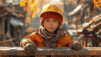 ai generado linda pequeño niña en protector casco y naranja trabajo ropa. foto