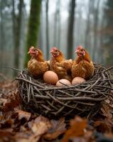 AI generated Chickens in a basket with eggs. A flock of chickens gathered on top of a nest, showcasing their instinctual behavior. photo