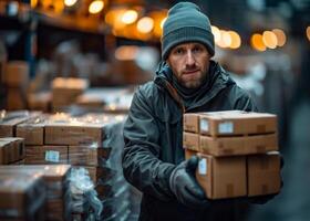 AI generated Man in Green Jacket Carrying Boxes photo