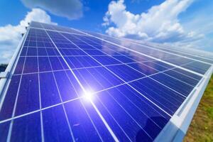 Solar power panel. Green energy. Electricity. Power energy panels. Solar batteries production. photo